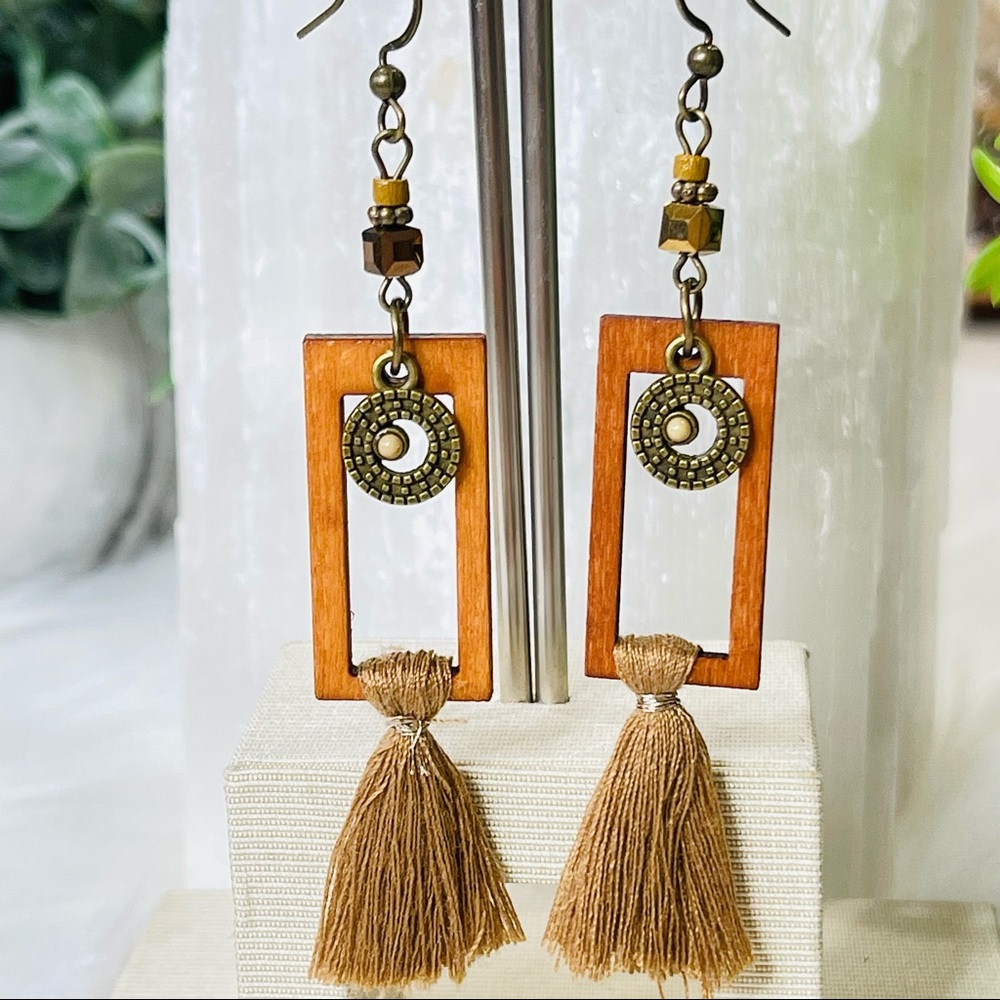Wooden EARRINGS Open Rectangular hanging TASSEL earrings BOHO CHIC multi texture - Picture 6 of 6